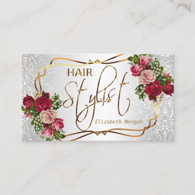 Haar-Stylist in einem weißen Glitzer und Blumen Visitenkarte (Vorderseite)