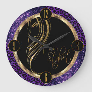 Haar-Stylist-lila Glitzer und Leopard-Druck Große Wanduhr
