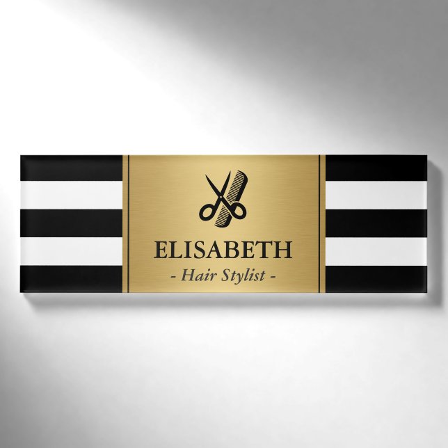Haar-Stylist-Logo-nobles GoldSchwarz-weiße Namenschild (Vorderseite)