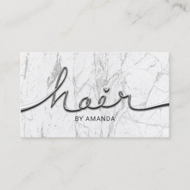 Haar-Stylist-Metallskript-weißer Marmorhaar-Salon Visitenkarte (Vorderseite)