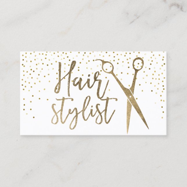 Haar-Stylist-modernes Gold Scissor Typografie Visitenkarte (Vorderseite)
