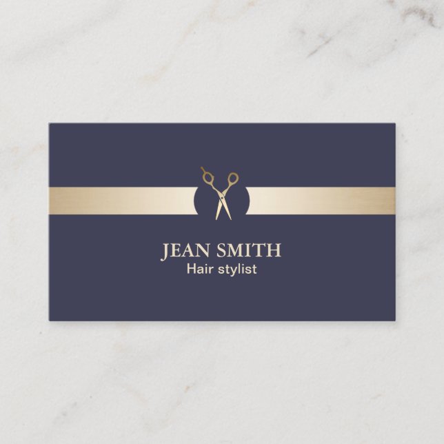 Haar-Stylist-nobles Blau u. Gold modern Visitenkarte (Vorderseite)