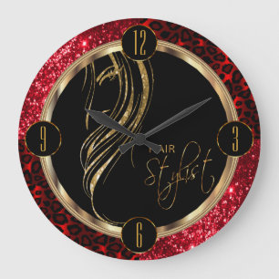 Haar-Stylist-roter Glitzer und Leopard-Druck Große Wanduhr