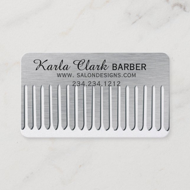 Haar-Stylist-Salon-moderner Metallplatin-Kamm Terminkarte (Vorderseite)
