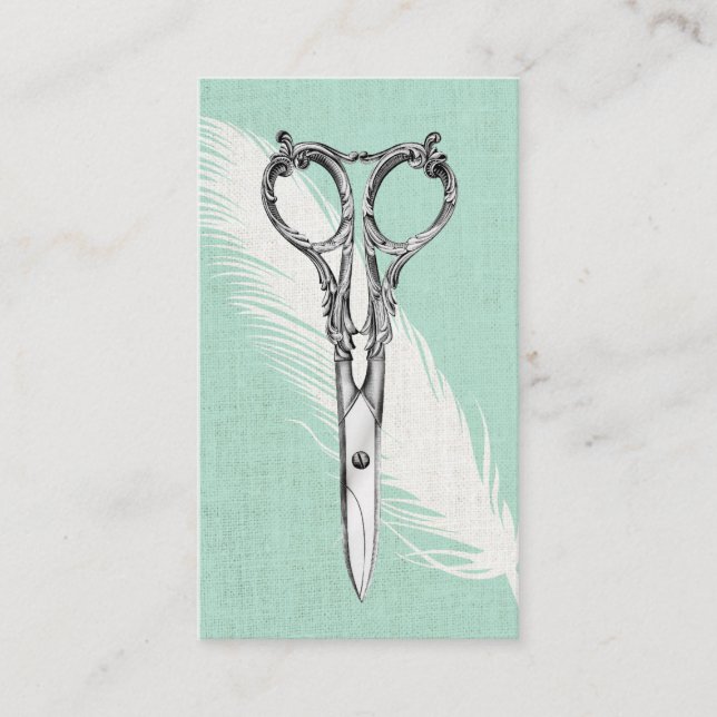Haar Stylist Scissy & Feather Classy Linen Modern Visitenkarte (Vorderseite)