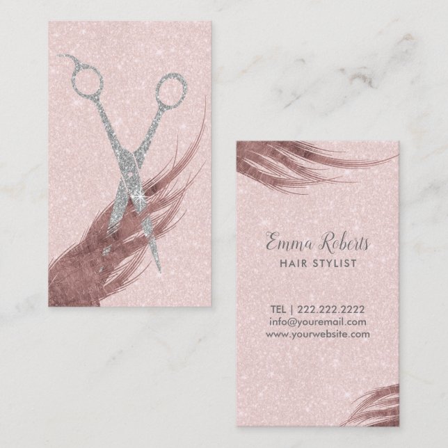 Haar-Stylist-Silber-Glitzer Scissor erröten Rosa Visitenkarte (Vorne/Hinten)