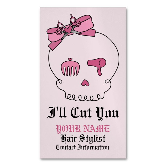 Haaraccessoires-Schädel (Bow-Detail Rosa mit Text  Magnetische Visitenkarte (Vorderseite Vertikal)