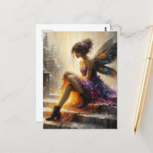 Haare in einem lila Kleid sitzen auf Treppen in de Postkarte