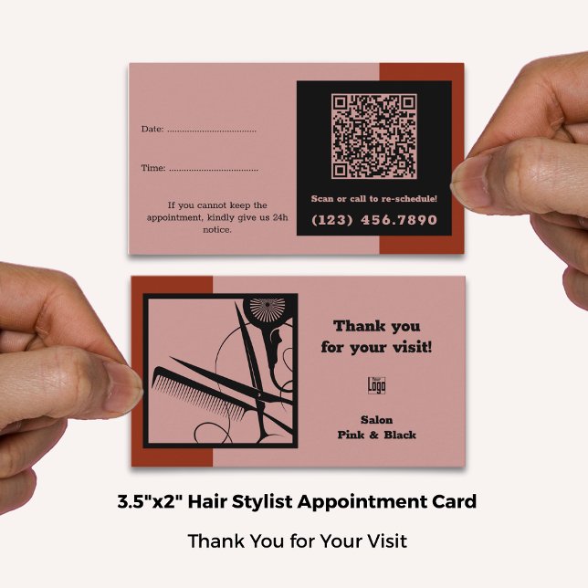Haare Salon Logo QR Code Rosa Schwarz Rot Vielen D Terminkarte (Hair Salon Logo QR Code Pink Black Red Thank You & Appointment Card; Standard Size: 3.5x2 Inch)