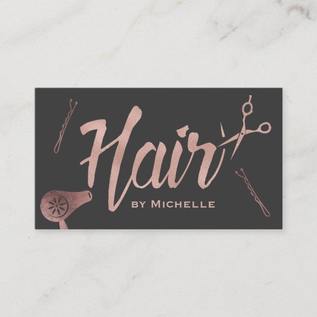 Haare Salon Rose Gold Typografie Dunkelgrau Visitenkarte (Vorderseite)
