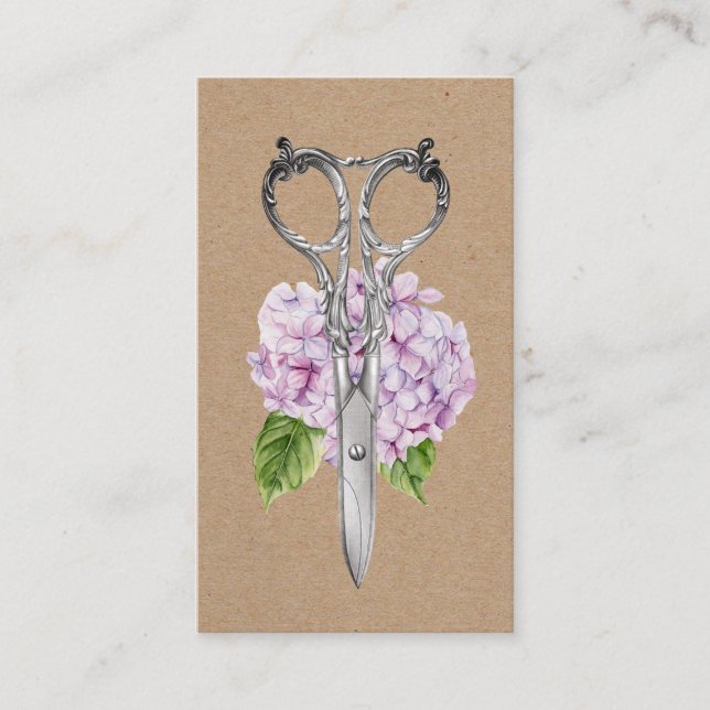 Haare Stylist Antique Scissor & Hydrangea Blume Visitenkarte (Vorderseite)