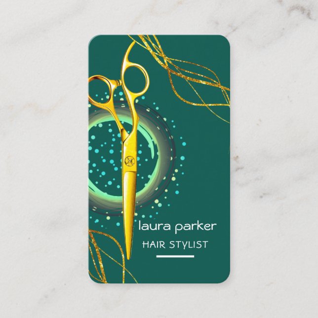 Haare Stylist Gold Schere Grüner Salon Wellness-Ce Visitenkarte (Vorderseite)