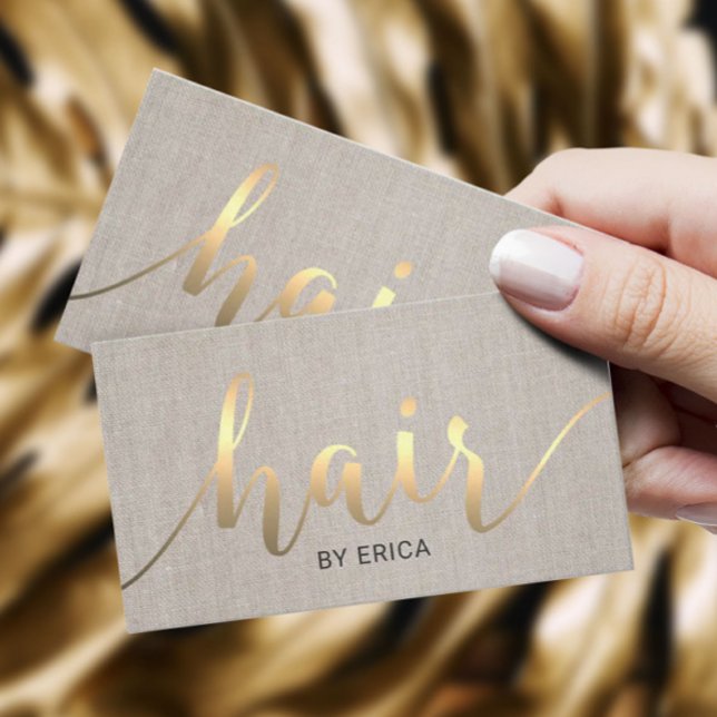 Haare Stylist Gold Typografy Linen Ernennung Terminkarte (Von Creator hochgeladen)