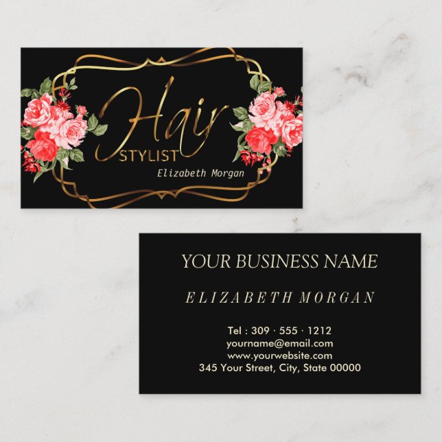 Haare Stylist in Schwarz und schöne rote Flora Visitenkarte (Vorne/Hinten)