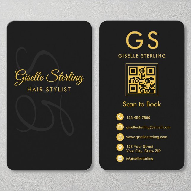 Haare Stylist Monogram Black Gold QR Code Schönhei Visitenkarte (Von Creator hochgeladen)