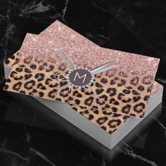 Haare Stylist Rose Gold Glitzer Leopard Salon Visitenkarte (Von Creator hochgeladen)