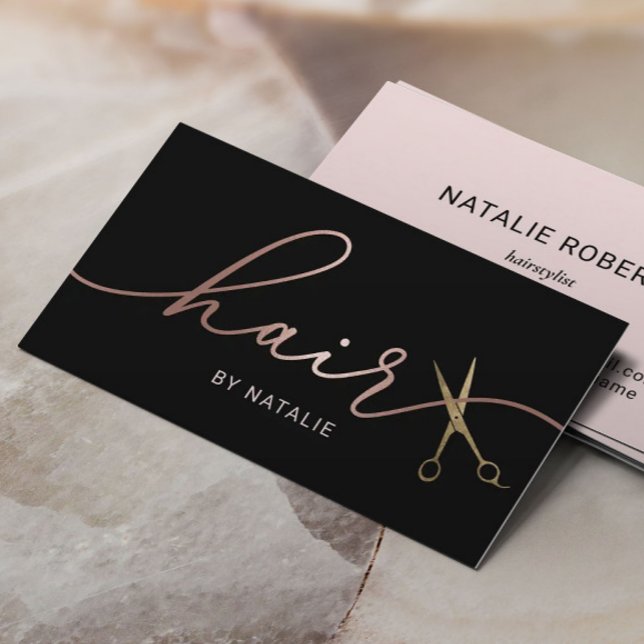 Haare Stylist Rose Gold Kalligrafie Schönheitssalo Visitenkarte (Von Creator hochgeladen)