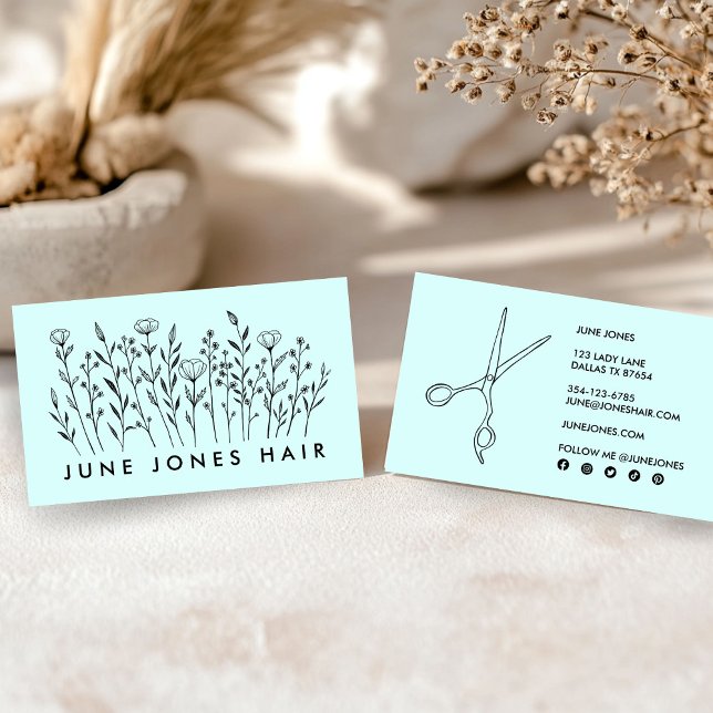 Haare Stylist Scheren Elegante Wildblumen Visitenkarte (Hair Stylist Scissors Elegant Wildflowers Minty Business Card
)