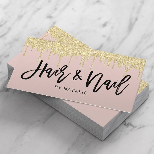 Haare und Nagelsalon Gold Tropfen Rosa Typografie Visitenkarte (Von Creator hochgeladen)