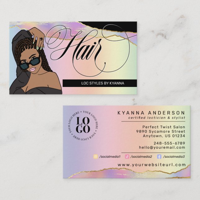 Haarsalon, Brader Stylist, Loctician Rainbow Glam Visitenkarte (Vorne/Hinten)