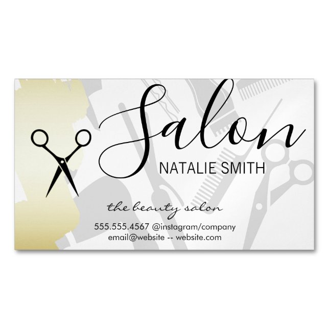 Haarsalon Tools und Gold Brushed Magnetische Visitenkarte (Vorderseite)