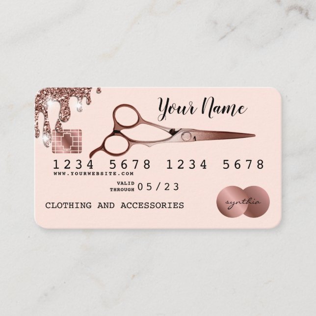 Haarschere Kreditkarte Styling Rose Gold Visitenkarte (Vorderseite)