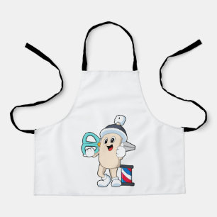 Haarspray als Friseur mit Schere Schürze