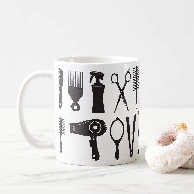 Haarstiftwerkzeuge zeichnen die Kaffeemaschine aus Kaffeetasse (Mit Donut)