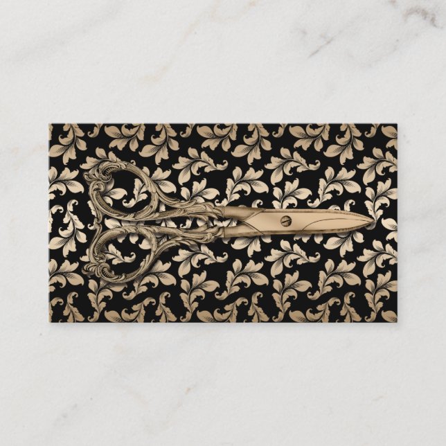 Haarstühle Antique Schere Schwarz & Gold Damask Visitenkarte (Vorderseite)