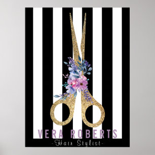 Haarstühle Glitzer Schere & Schönheit Streifen Poster
