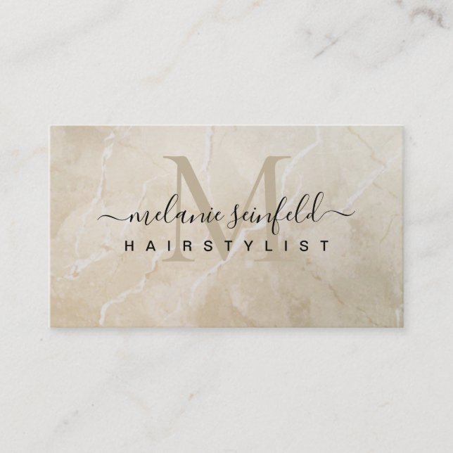 Haarstylist Beige Marble Beauty Salon Monogram Visitenkarte (Vorderseite)