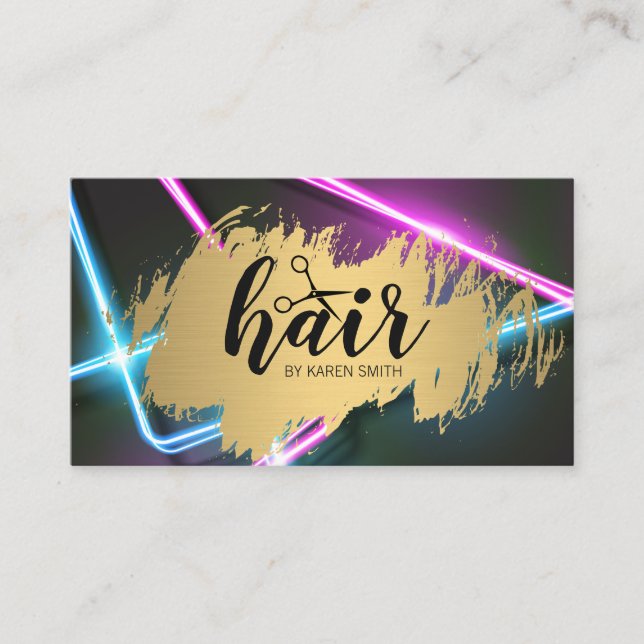 Haarstylist Gold Brushed | Neon Lights Visitenkarte (Vorderseite)