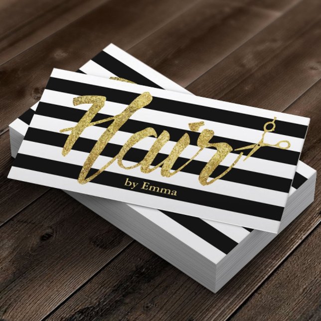 Haarstylist Goldtypografie Schwarz-weiße Streifen Visitenkarte (Von Creator hochgeladen)
