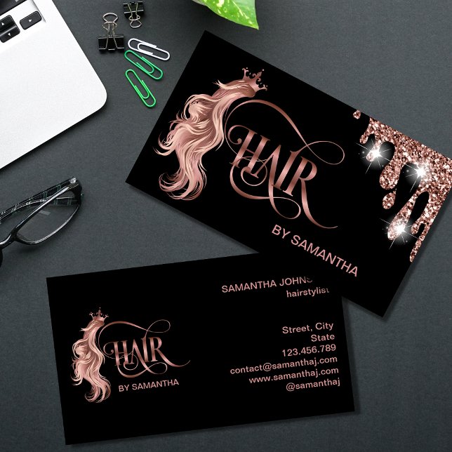 Haarstylist Rose Goldtypografie Haarverlängerung Visitenkarte (Von Creator hochgeladen)