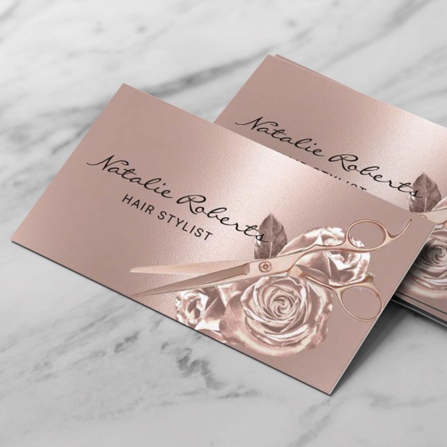 Haarstylistin Elegante Rose Goldene Schere & Blume Visitenkarte (Von Creator hochgeladen)