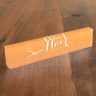 Haarstylistin Makeup Salon Chic Orange Gold Schere Namensplakette