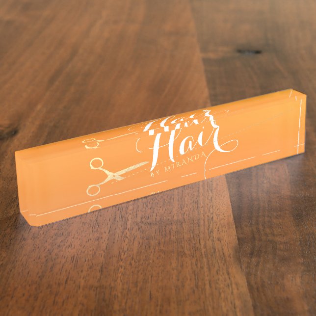 Haarstylistin Makeup Salon Chic Orange Gold Schere Namensplakette (Seite)