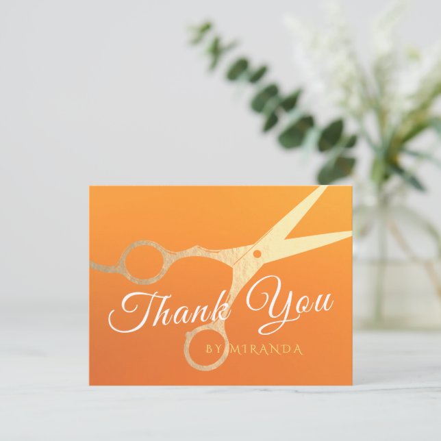 Haarstylistin Makeup Salon Chic Orange Gold Schere Postkarte (Stehend Vorderseite)