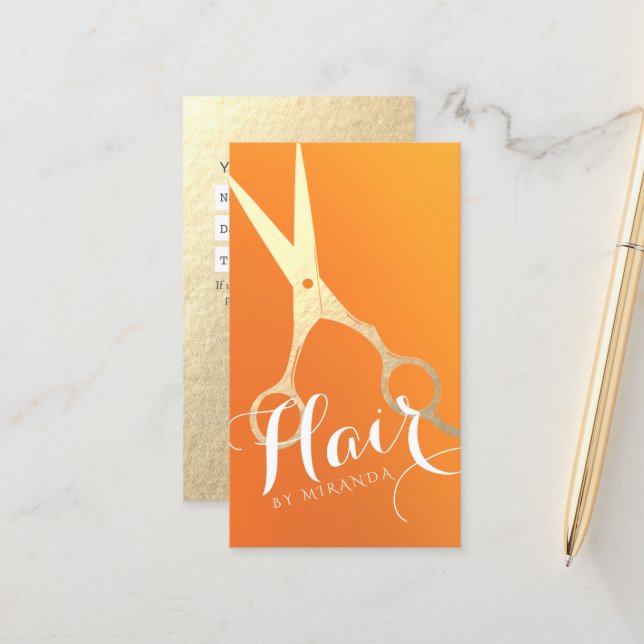 Haarstylistin Makeup Salon Chic Orange Gold Schere Terminkarte (Vorderseite/Rückseite Beispiel)