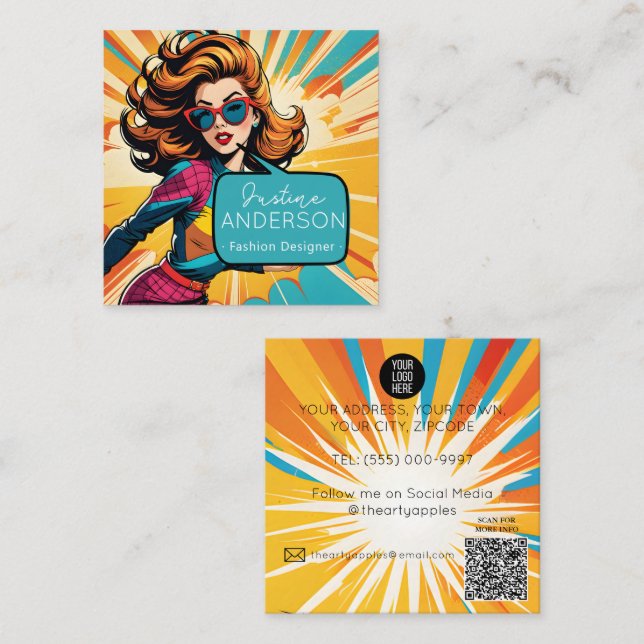 Haarstylistin Retro Pop Art Lady Wow Quadratische Visitenkarte (Vorne/Hinten)