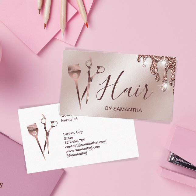 Haarstylistin Rose Goldtypografie Haarschere bu Visitenkarte (Von Creator hochgeladen)