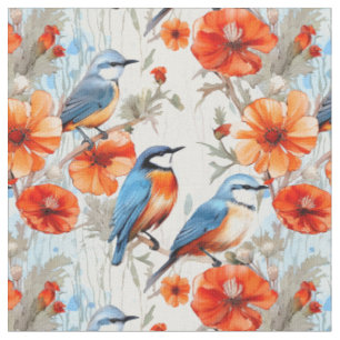 Haartrockner und Orangenmohn-Blume mit Vögeln Stoff