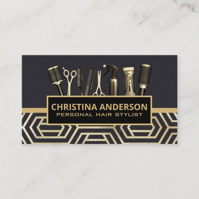 Haarwerkzeug | Leder | Gold Modern Geometric Visitenkarte (Vorderseite)