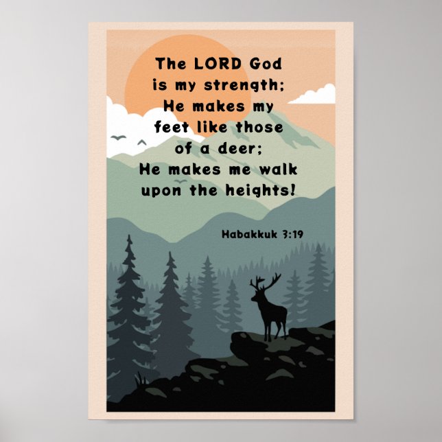 Habakkuk 3:19 Bibel Verse Deer on Mountain Poster (Vorne)