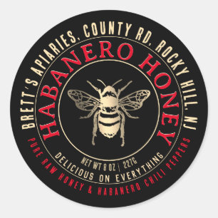 Habanero Honey Hot Raw Honey mit Goldbiene Runder Aufkleber