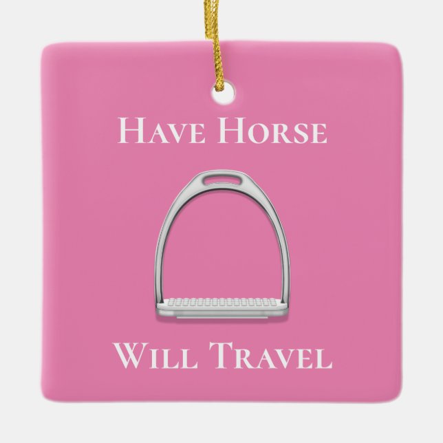 "Habe das Pferd auf Reisen" Stirrup Eisen auf Rosa Keramikornament (Vorderseite)