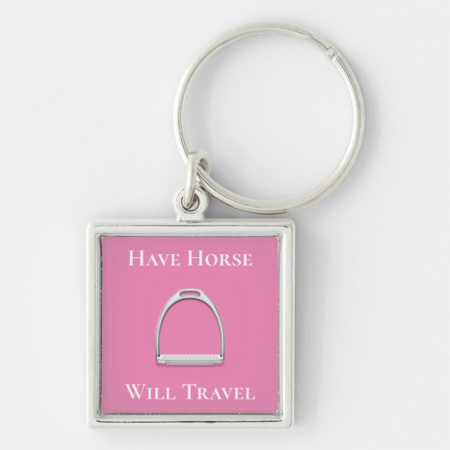 "Habe das Pferd auf Reisen" Stirrup Eisen auf Rosa Schlüsselanhänger (Vorne)