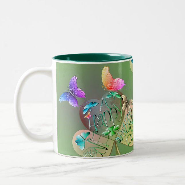 "Haben Sie ein glückliches St. Patrick's"-Kleeblat Zweifarbige Tasse (Links)