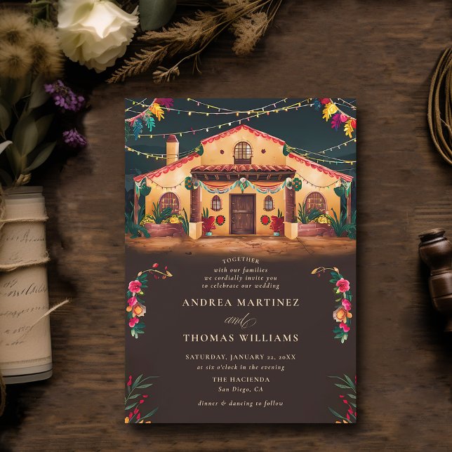 Hacienda Mexican Rustic Elegant Fiesta Wedding Einladung (rancho mexican wedding invitation fiesta hacienda watercolor earthy brown elegant modern classy)