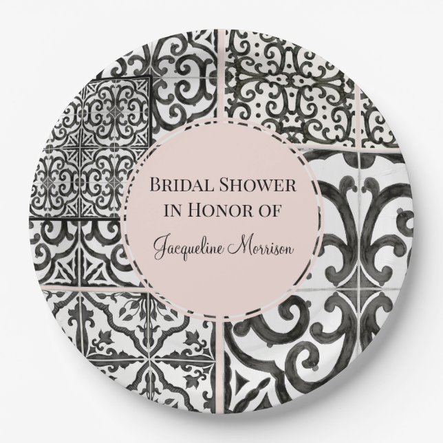 Hacienda Tile Muster Schwarz-weiß Blush Bridal Pappteller (Vorderseite)